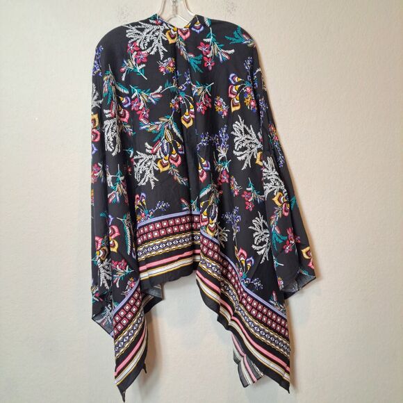 Kollie More 100% Viscose Black Floral Shawl Poncho Coverup Lightweight One Size - Picture 8 of 14